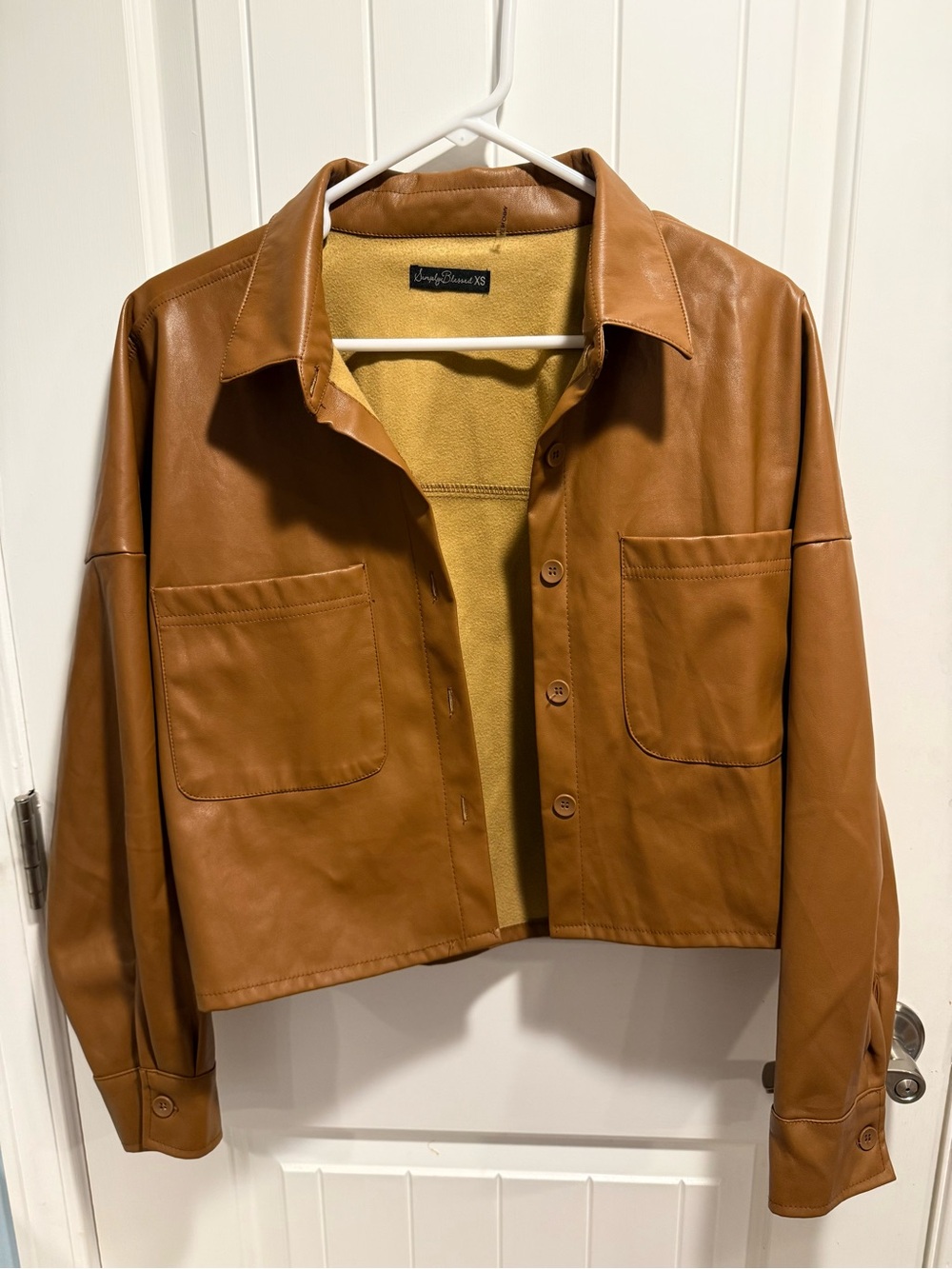 Simply Blessed Camel Faux Leather Cropped Shirt/Jacket, Women's XS